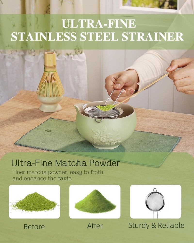 Zens Matcha Whisk Set, Ceramic Matcha Tea Set with 15oz Sakura Bowl and Bamboo Whisk & Scoop, (Chasen Holder), Stainless Sifter-Tea Towel, 6pcs Matcha Kit for Matcha Lovers, Green - Image 4